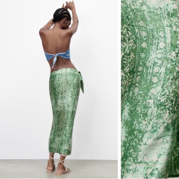 Zara Green Printed Wrap Skirt with Beaded Waist Size S - Picture 6 of 12